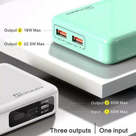 Power bank Konfulon A25Q, 20000 мАг, 65 Вт, м'ятний, Power Delivery (PD), pass-through charging Прев'ю 1