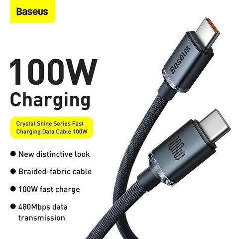 USB кабель Baseus Crystal Shine Series, 2xUSB тип-C, 200 см, 100 Вт, черный, в нейлоновой оплетке, #CAJY000701 Превью 1